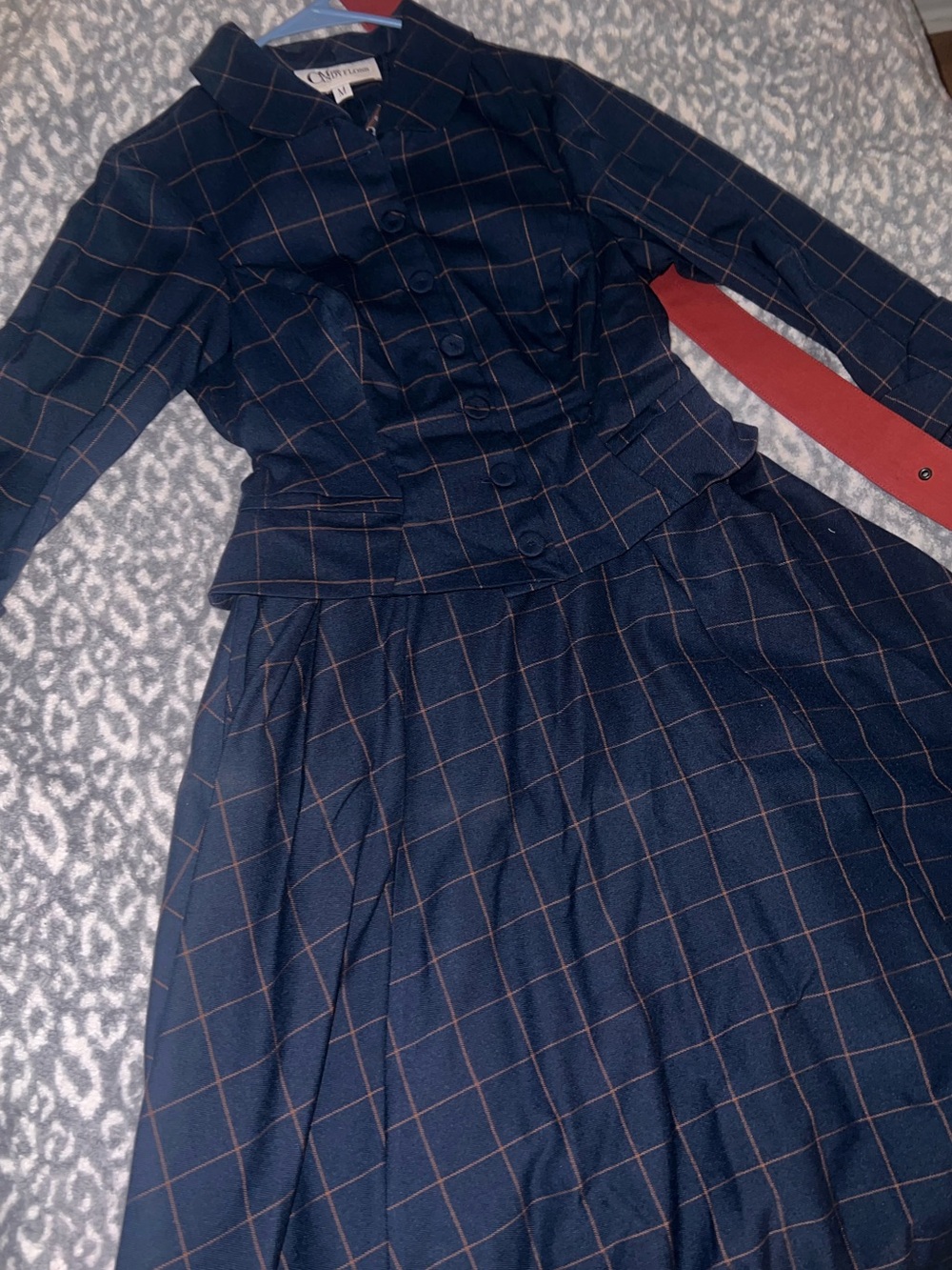 Misscandyfloss - NWT Navy Blue Vintage-Style Fit & Flare Dress with Red Belt - Picture 6 of 8